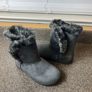 Vionic Women's 7 Gray Boooties Faux Suede Faux Fur Pull On Mid Calf Winter Boots